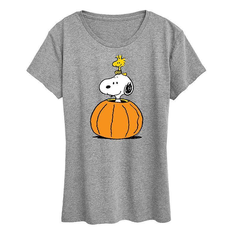 Women's Peanuts Snoopy & Woodstock Pumpkin Graphic Tee, Size: Small, Grey Gray Product Image