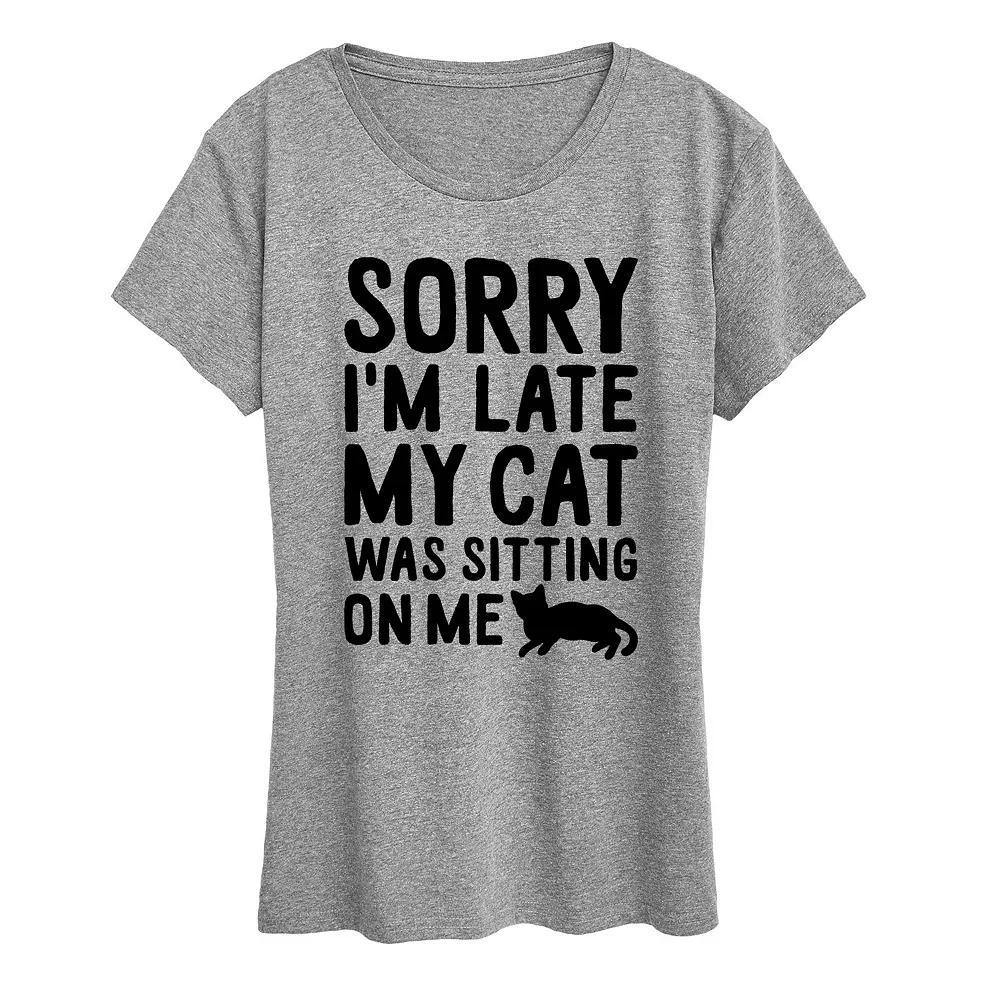 Womens Sorry Im Late Cat Sitting On Me Graphic Tee, Girls Grey Gray Product Image