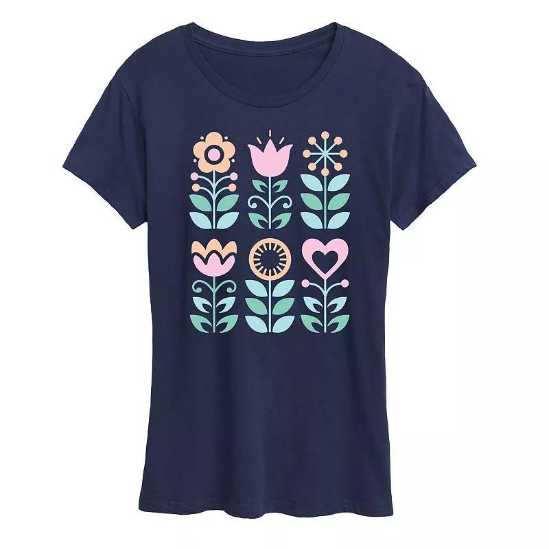 Womens Scandinavian Flowers Oversized Tee Grey Royal Blue Product Image