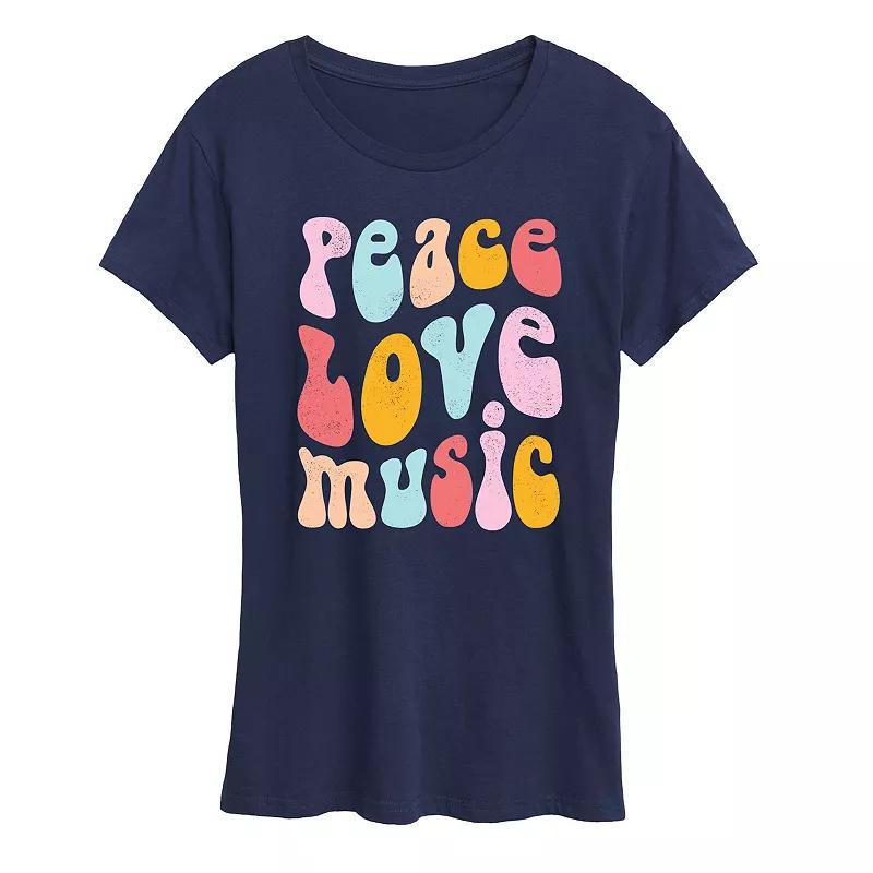 Womens Peace Love Music Distressed Graphic Tee Blue Product Image