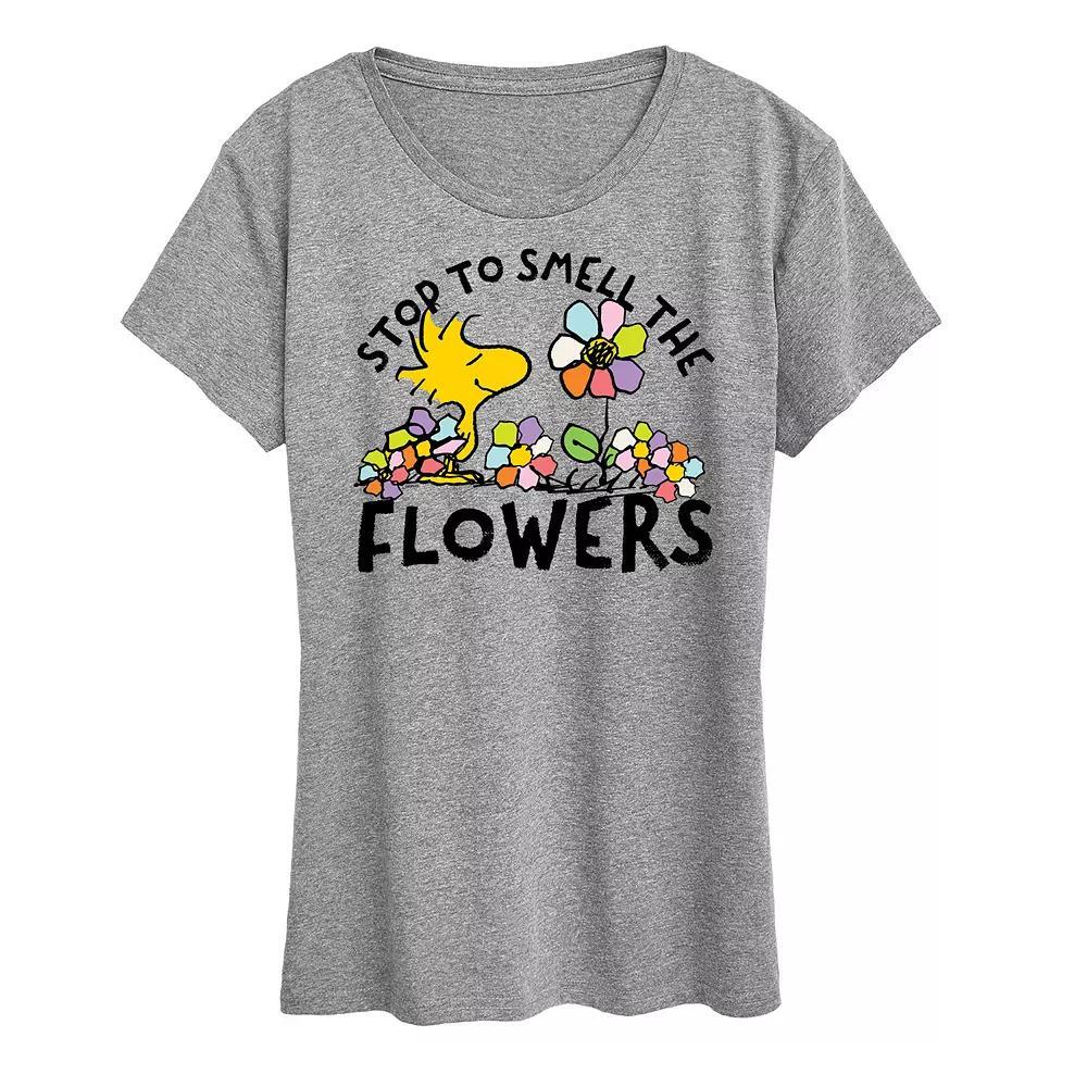 Womens Peanuts Woodstock Smell The Flowers Graphic Tee Grey Gray Product Image
