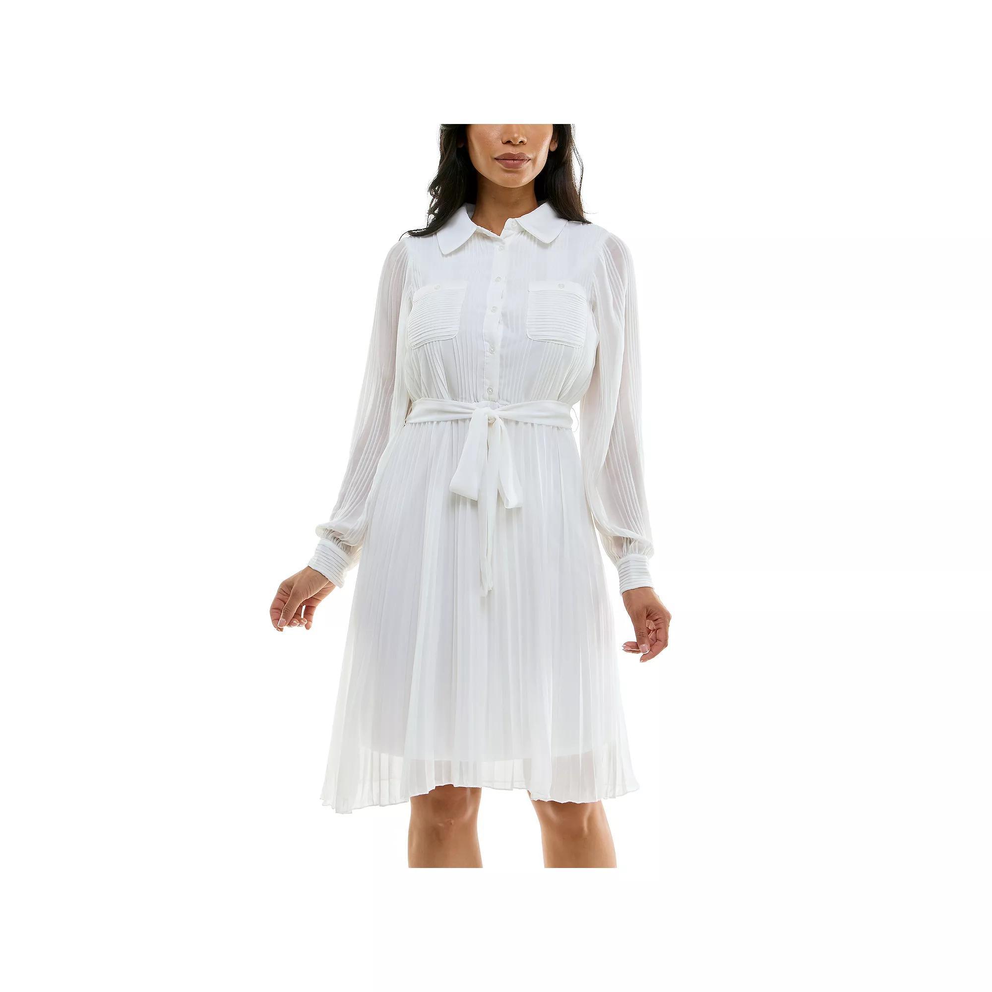 Women's Nina Leonard Pleated Dress with Tie Sash, Size: Large, Ivory Product Image