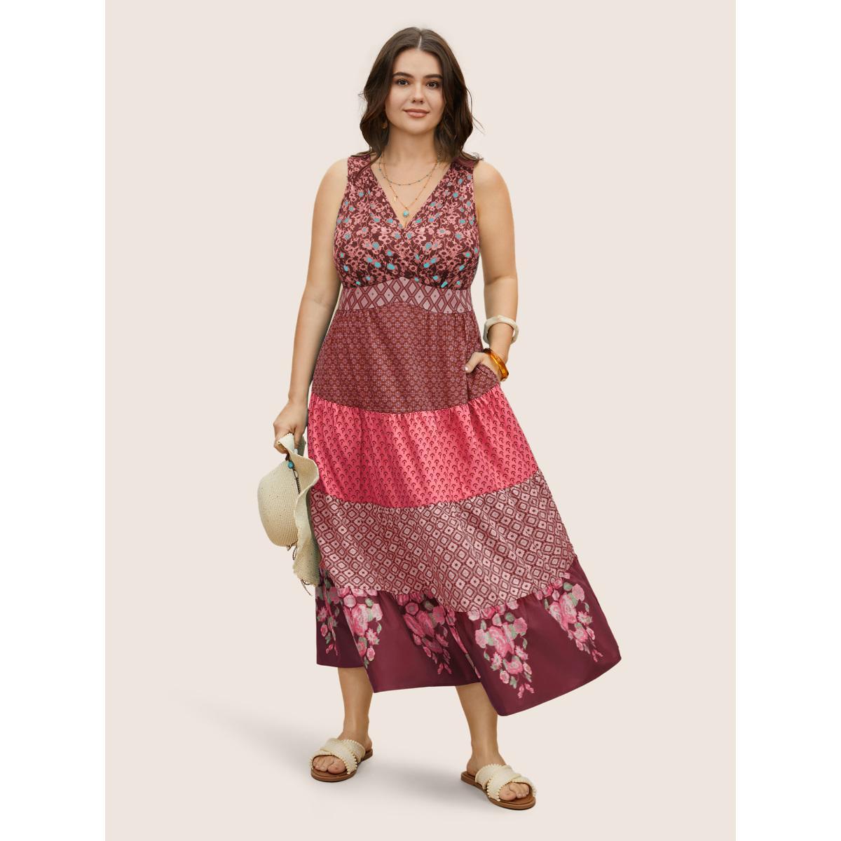 Plus Size Bandana Patchwork Floral Sleeveless Dress RedViolet Women Resort Pleated V-neck Sleeveless Curvy BloomChic 18-20/2X Product Image