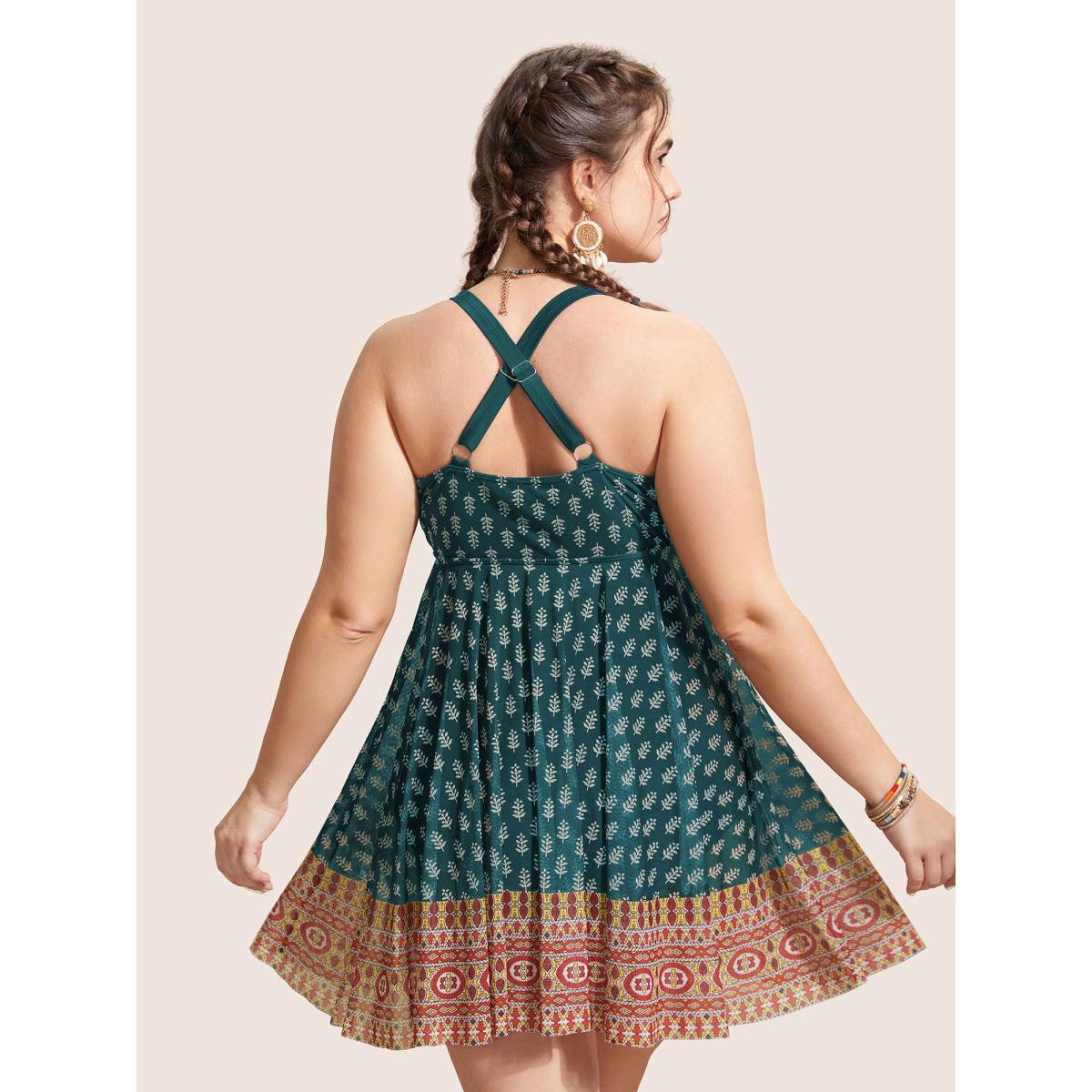 Plus Size Overlap Collar Boho Print Patchwork Swim Dress Women's Swimwear Cyan Beach Bodycon Overlap Collar High stretch Curve Swim Dresses BloomChic 22-24/3X Product Image