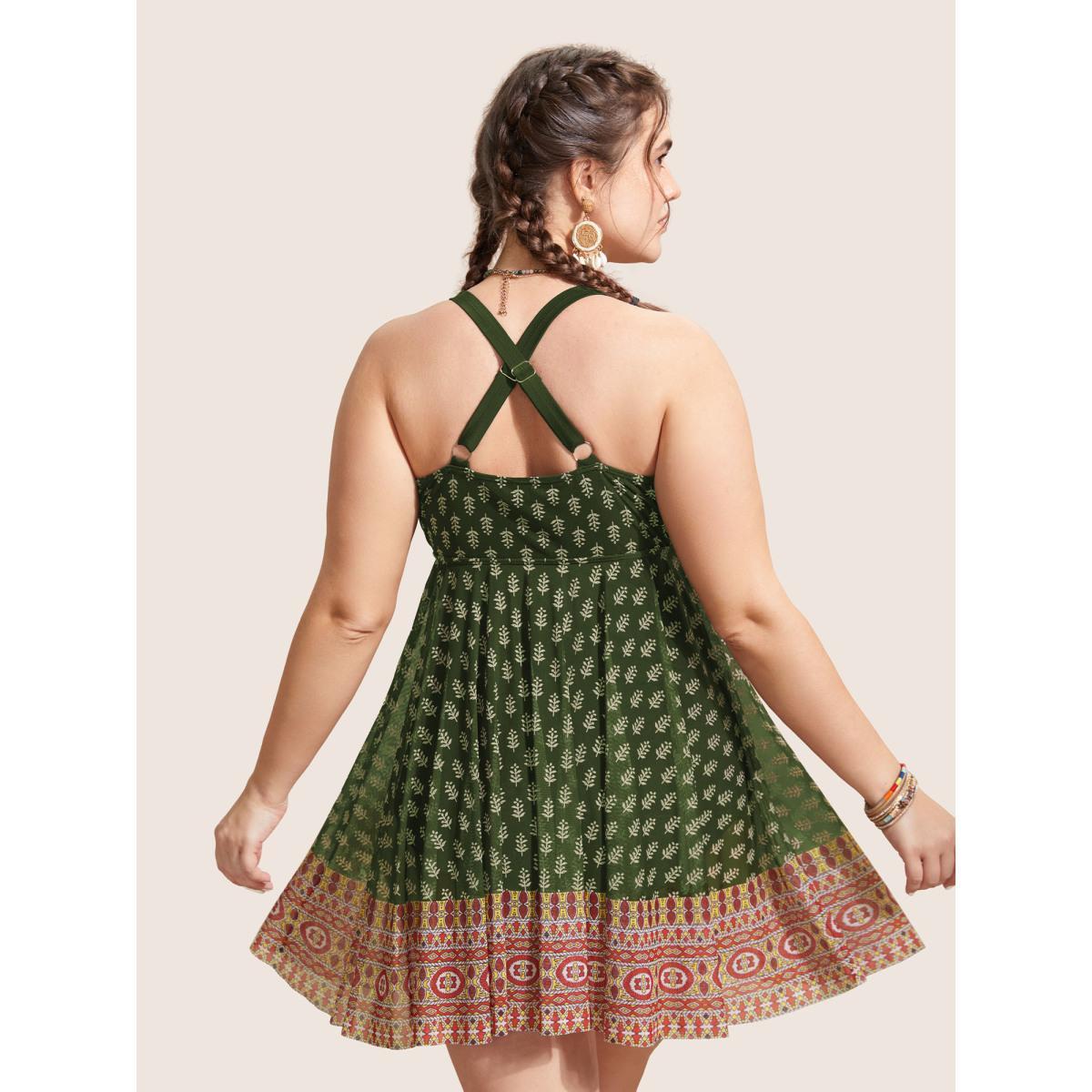 Plus Size Overlap Collar Boho Print Patchwork Swim Dress Women's Swimwear ArmyGreen Beach Bodycon Overlap Collar High stretch Curve Swim Dresses BloomChic 12/L Product Image