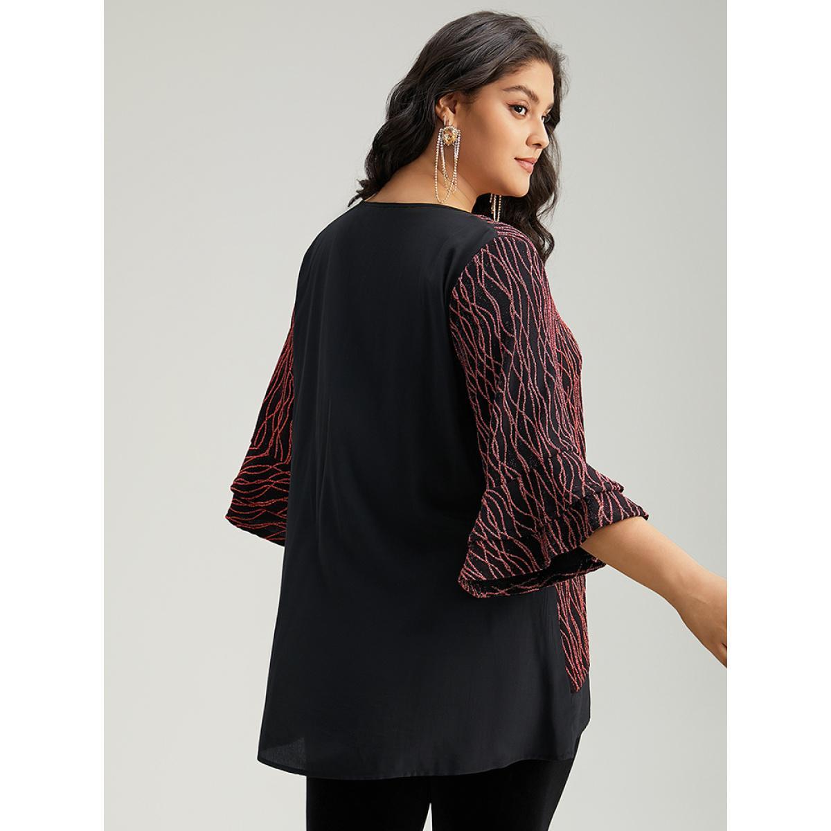 Plus Size Scarlet Lurex Layered Ruffle Sleeve Patchwork Blouse Women Glamour Elbow-length sleeve V-neck Festival-Christmas Blouses BloomChic 18-20/2X Product Image