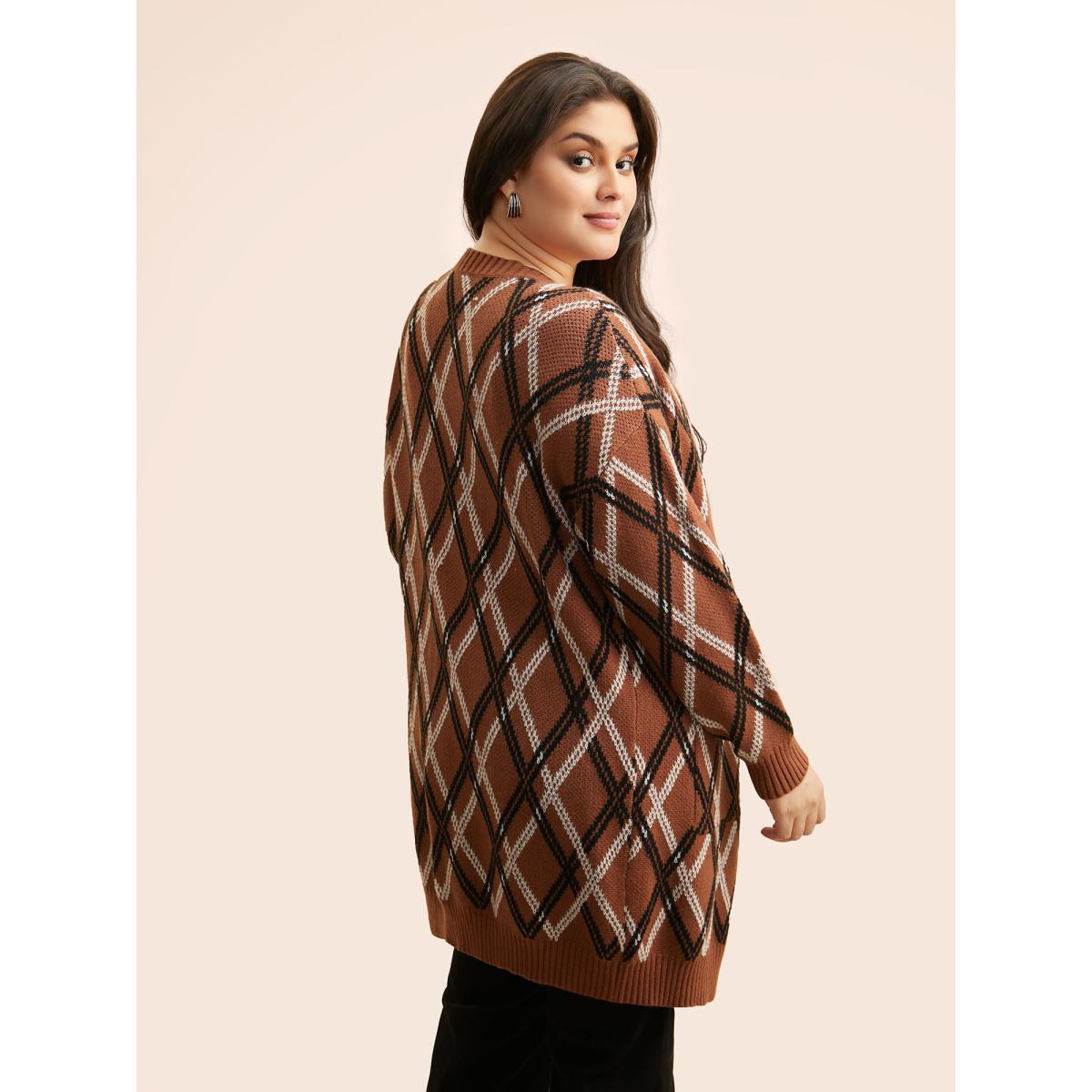 Plus Size Plaid Pocket Drop Shoulder Sleeve Cardigan Yellowishbrown Women Casual Loose Long Sleeve Everyday Cardigans BloomChic 28/5X Product Image