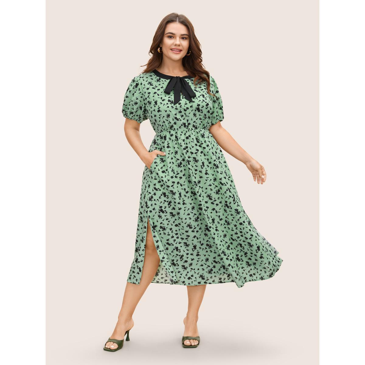 Plus Size Floral A-line Midi Dress Palemauve Women Elegant Tie knot Round Neck Short sleeve Curvy BloomChic 14-16/1X Product Image