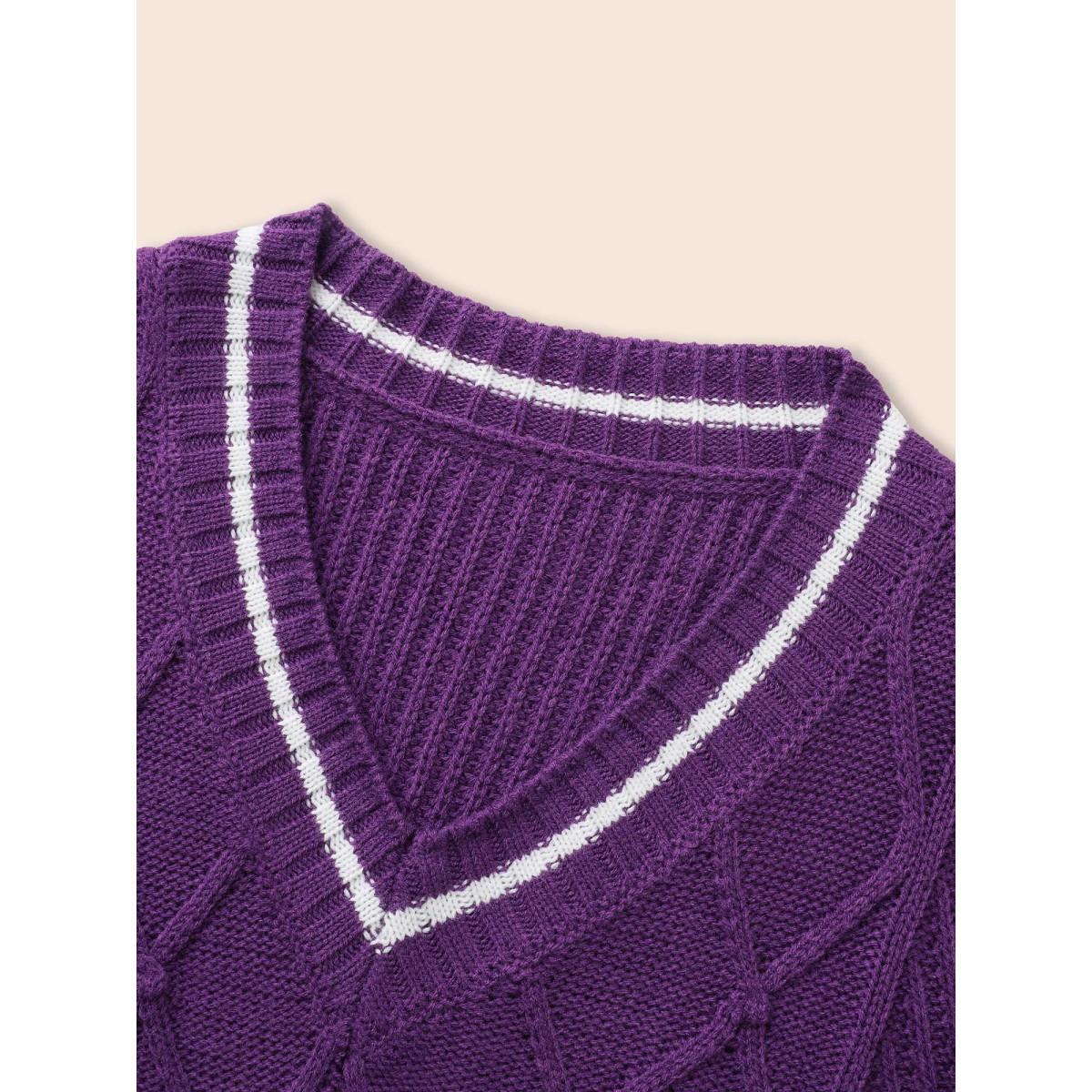 Plus Size Contrast Trim V Neck Texture Pullover DarkViolet Women Casual Loose Long Sleeve V-neck Everyday Pullovers BloomChic 18-20/2X Product Image