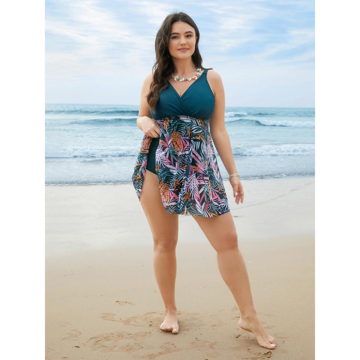 Plus Size Tropical Leaf Print Mesh Flowy Swim Dress Women's Swimwear Cyan Beach Bodycon Overlap Collar High stretch Curve Swim Dresses BloomChic 10/M Product Image