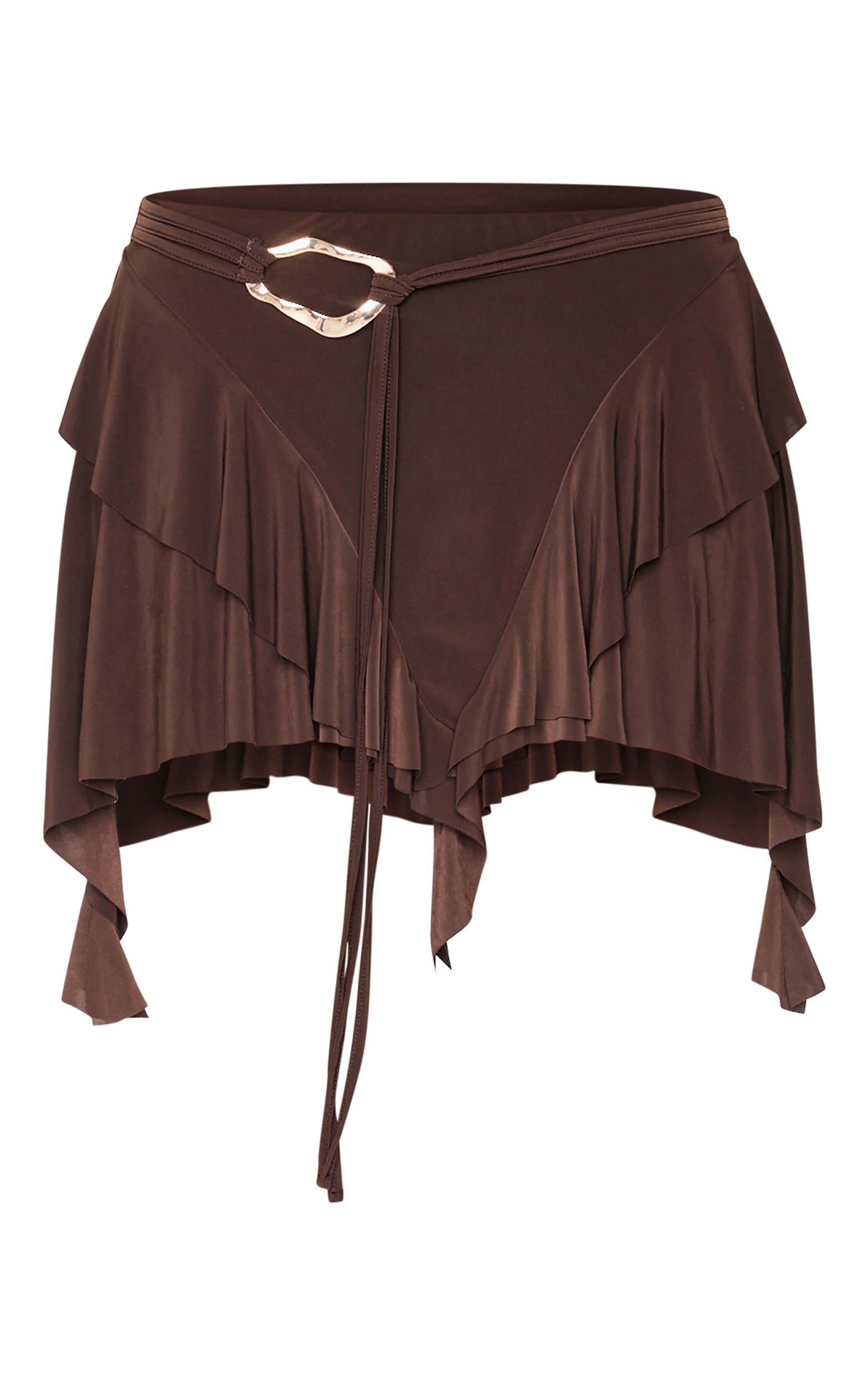 Chocolate Belt Detail Slinky Jersey Ruffle Mini Skirt Product Image