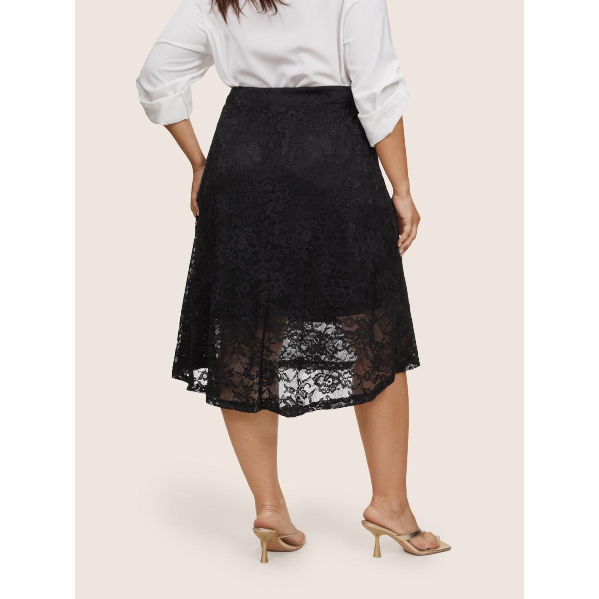 Plus Size Guipure Lace Elastic Waist Asymmetrical Ruffles Skirt Women Black At the Office Lined No stretch Work Skirts BloomChic 18-20/2X Product Image