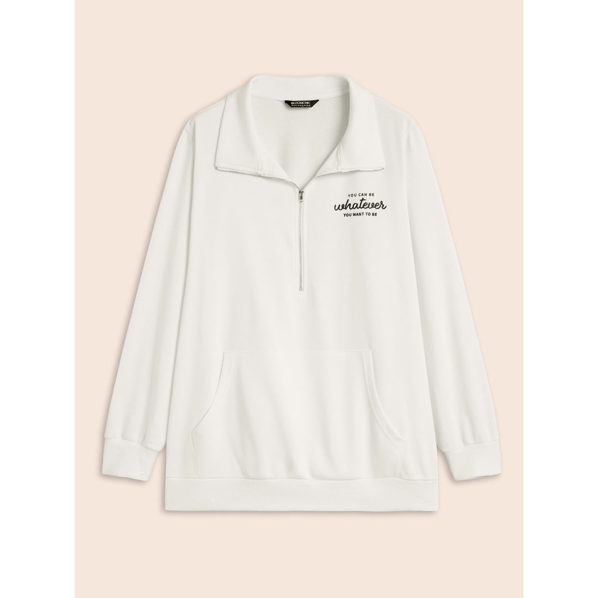 Plus Size Letter Print Half Zip Kangaroo Pocket Sweatshirt Women Originalwhite Elegant Patchwork Polo Everyday Sweatshirts BloomChic 10/M Product Image