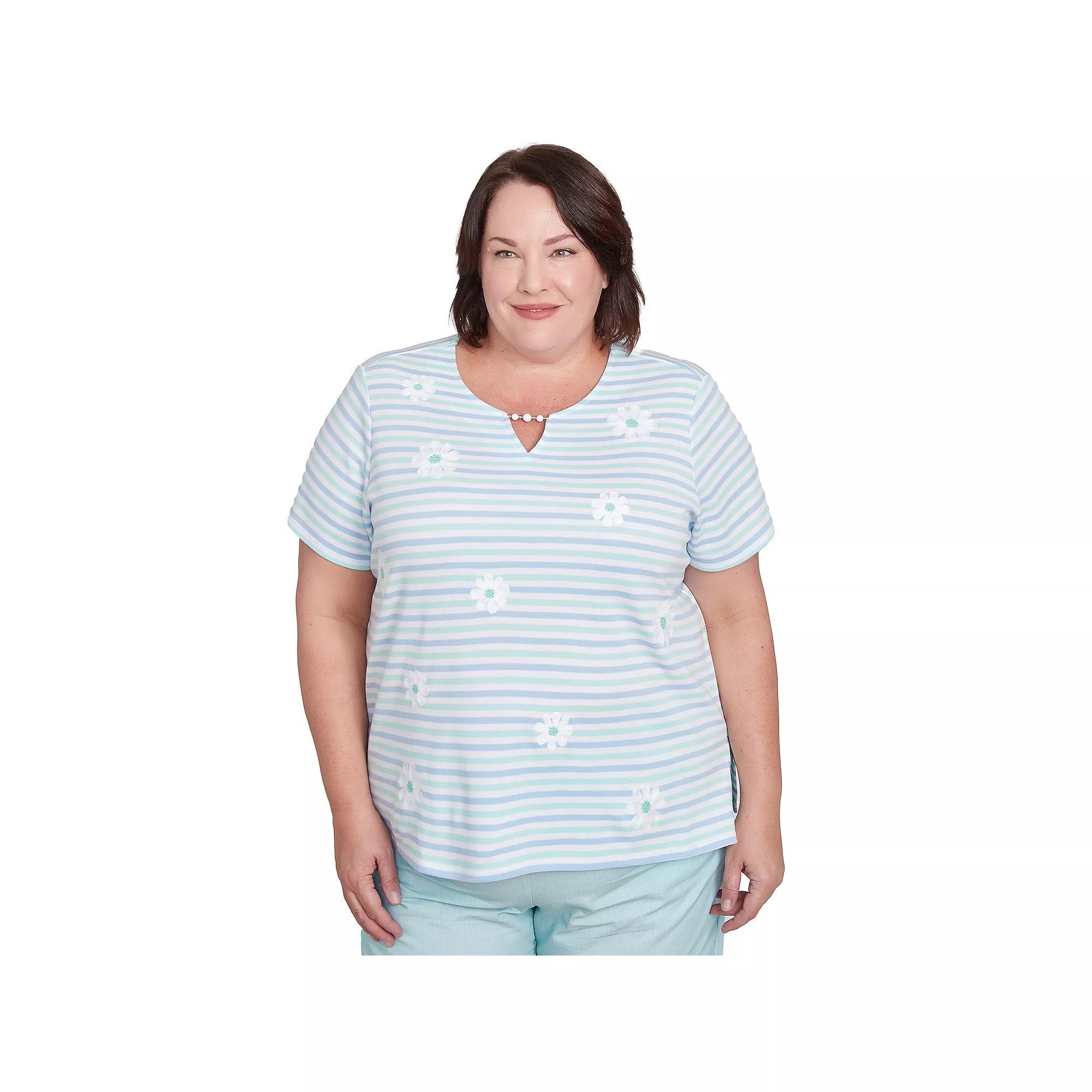 Plus Size Alfred Dunner Embroidered Daisy Striped Tee, Women's, Size: 1XL, Green Team Product Image