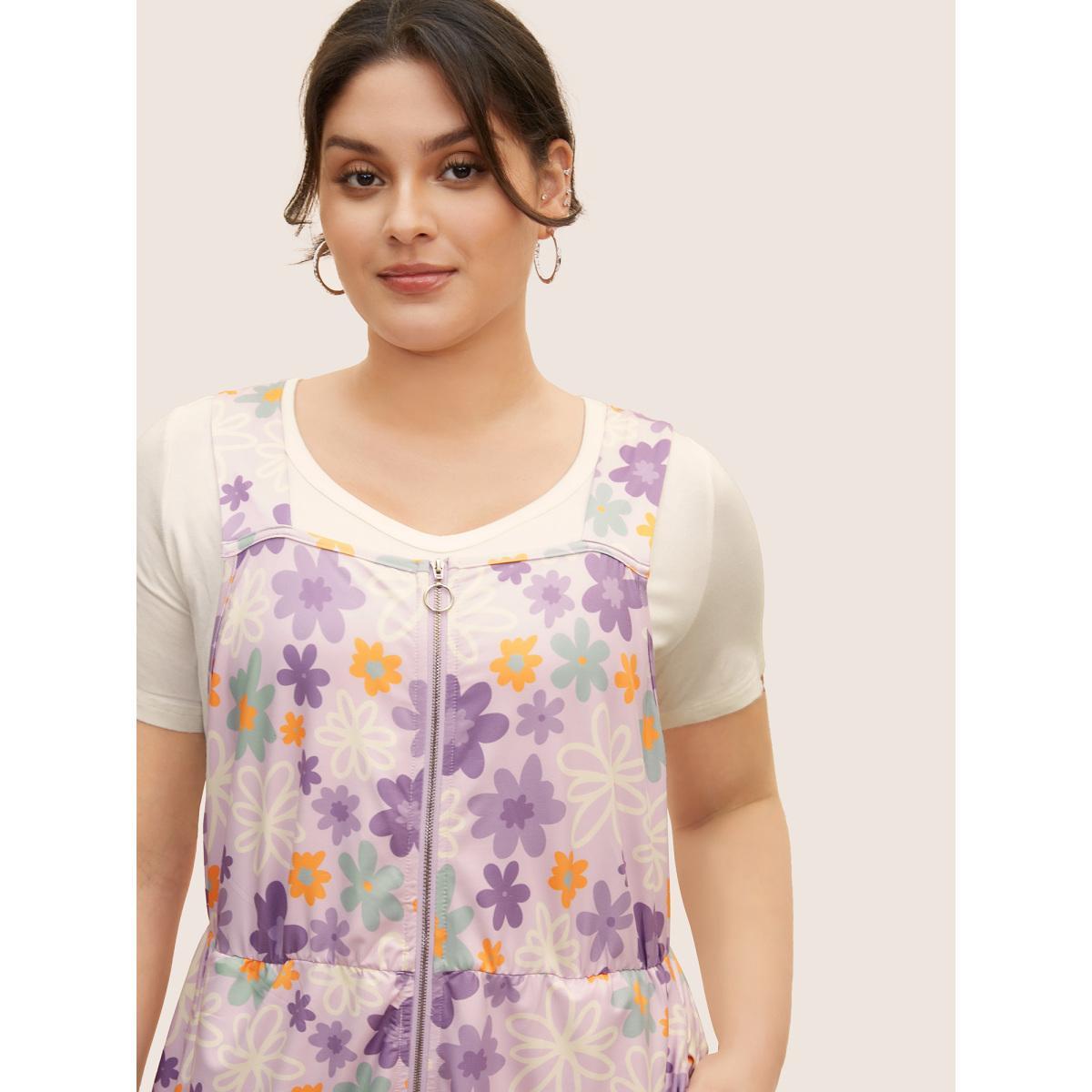 Plus Size Contrast Floral Zipper Sleeveless Midi Dress Lilac Women Casual Non Non Sleeveless Curvy BloomChic 26/4X Product Image