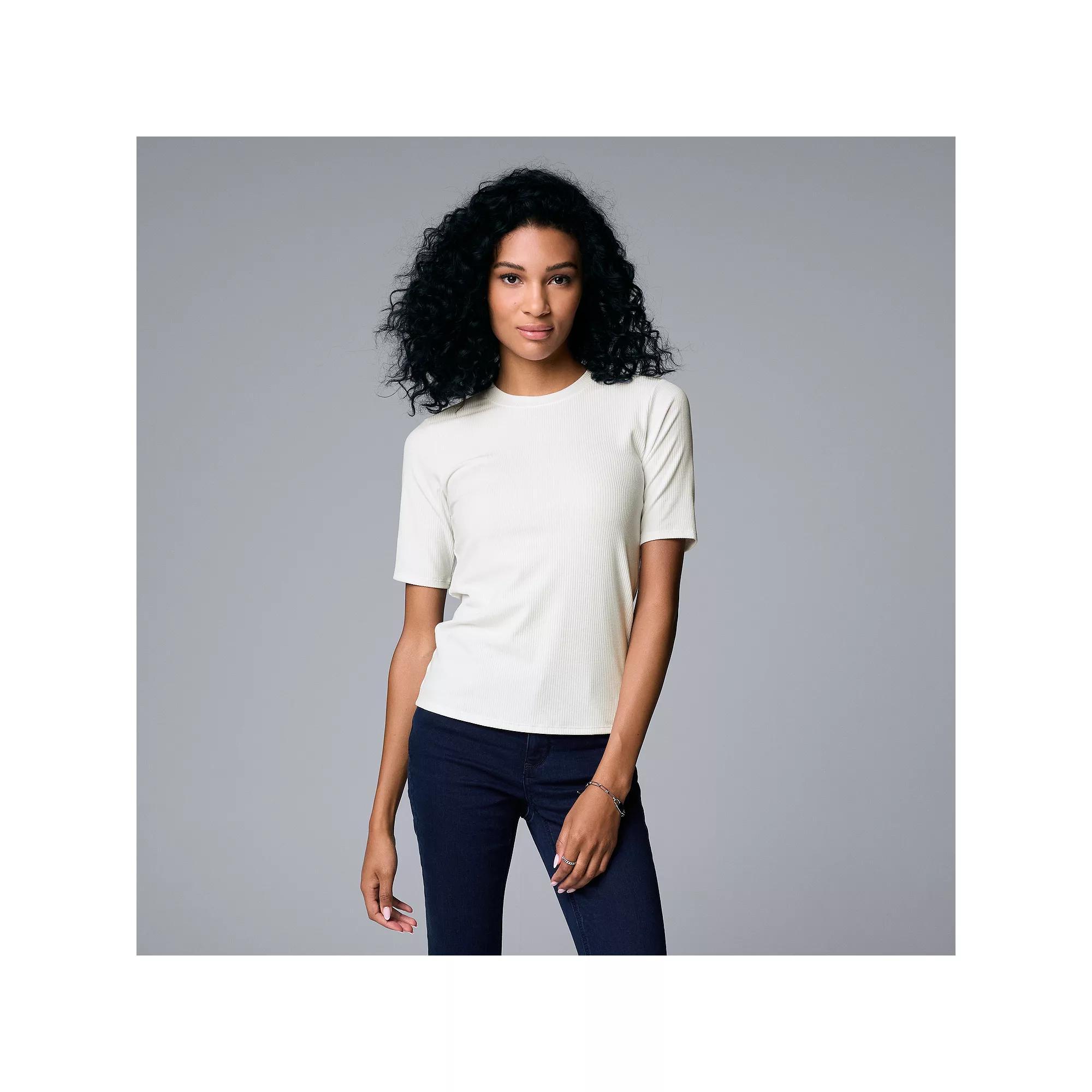 Women's Simply Vera Vera Wang Ribbed Fitted Elbow Sleeve Tee, Size: XL, White Milk Product Image