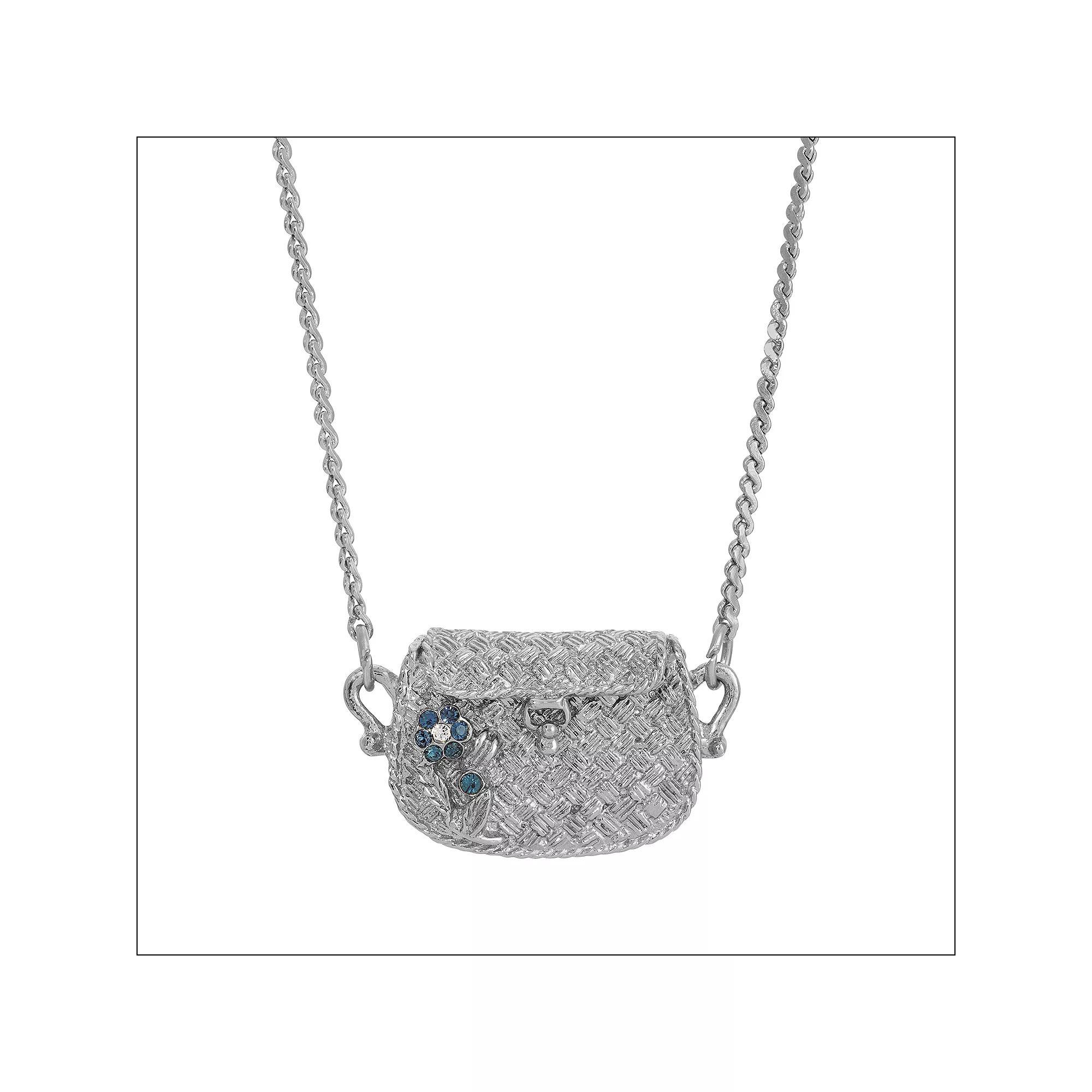 1928 Silver Tone Blue Flower Purse Necklace, Womens Product Image