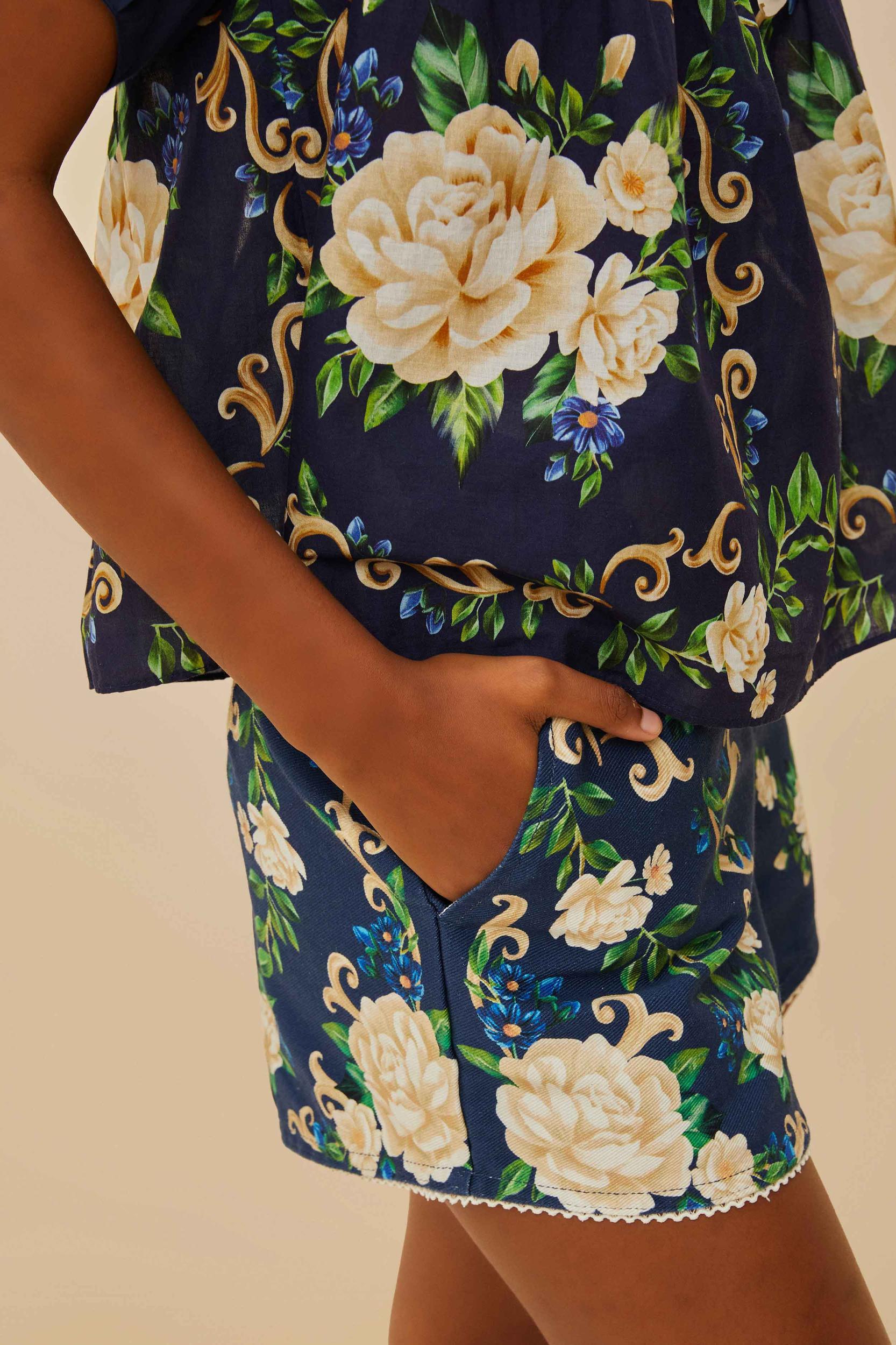 Navy Blue Flower Tapestry Shorts Product Image