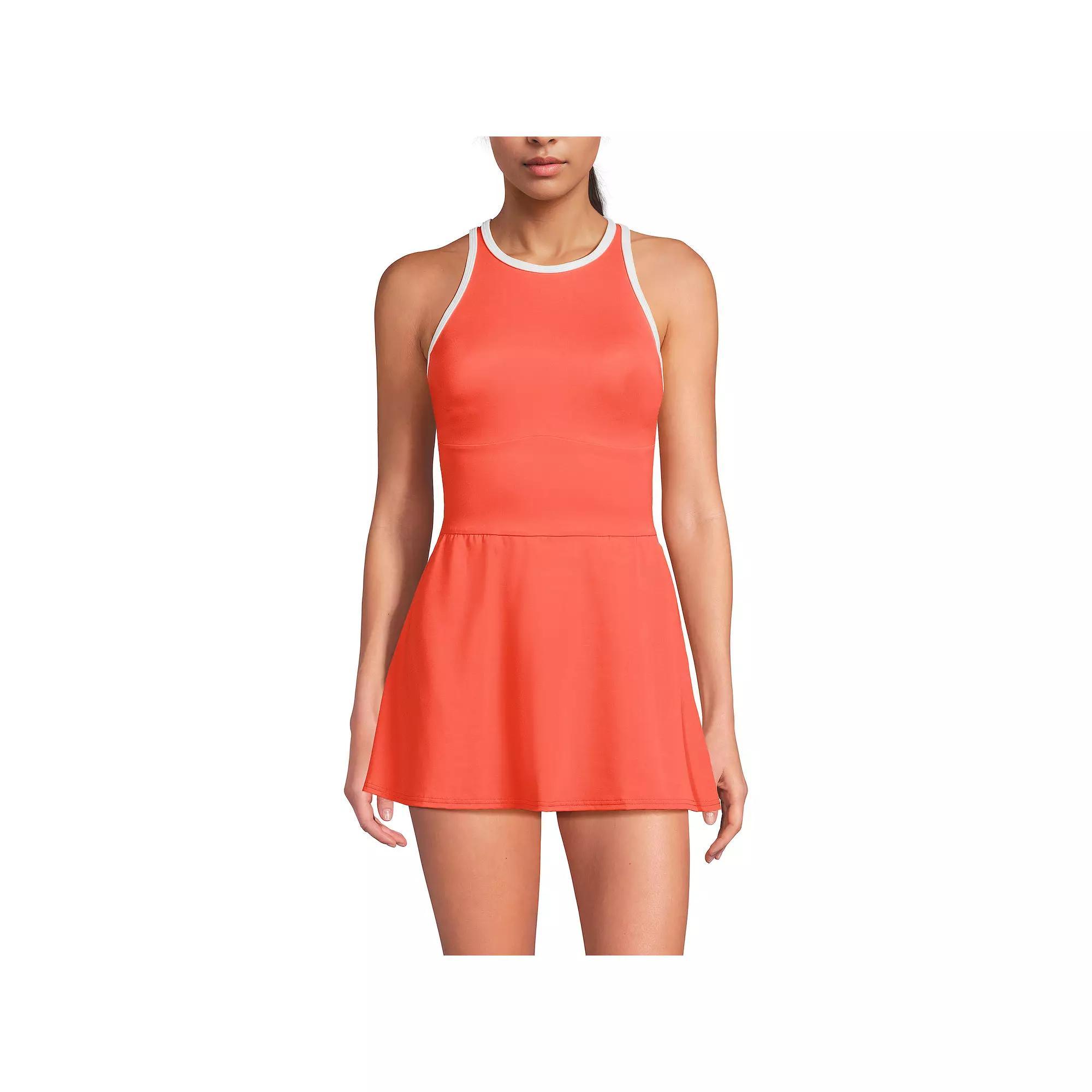 Women's Lands' End Tugless High Neck Swim Dress Swimsuit, Size: 10, Papaya Orange White Product Image