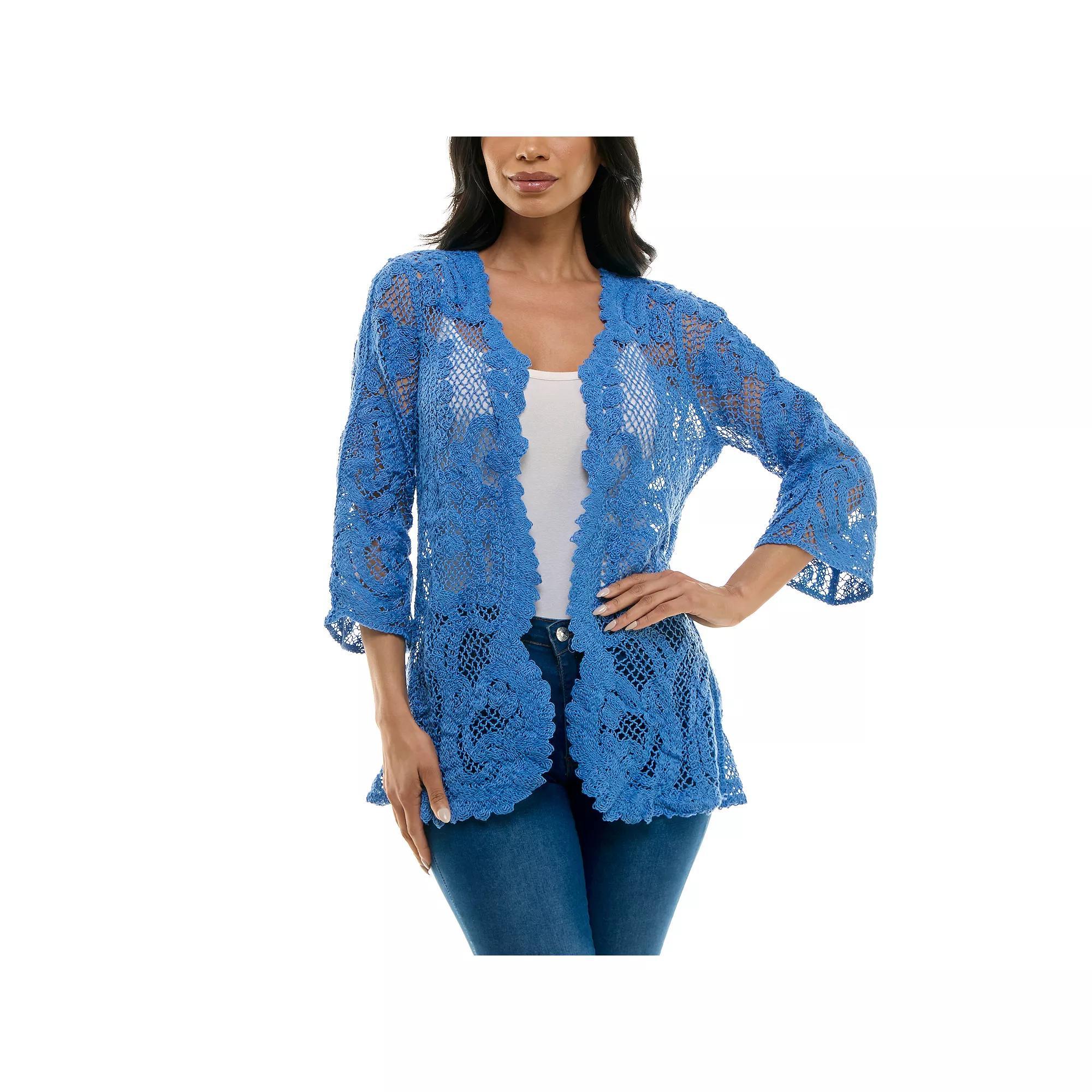 Women's Nina Leonard Scalloped Edge Crotchet Open Cardigan, Size: Small, Black Product Image