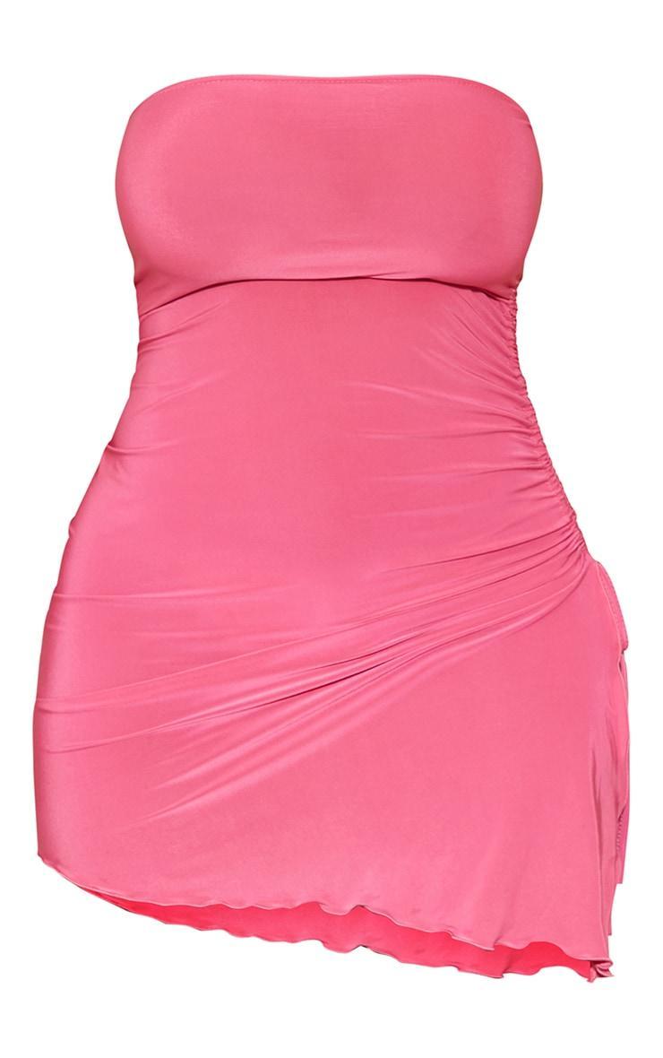 Shape Hot Pink Slinky Bandeau Ruched Side Frill Hem Bodycon Dress Product Image