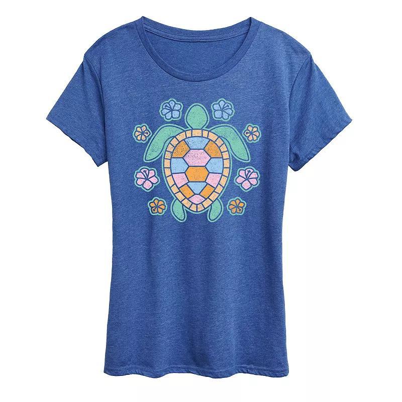 Women's Turtle And Flowers Graphic Tee, Size: Large, Grey Royal Blue Product Image