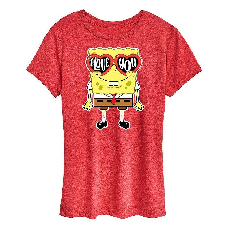 Womens Spongebob Squarepants Love You Heart Glasses Graphic Tee Grey Blue Product Image