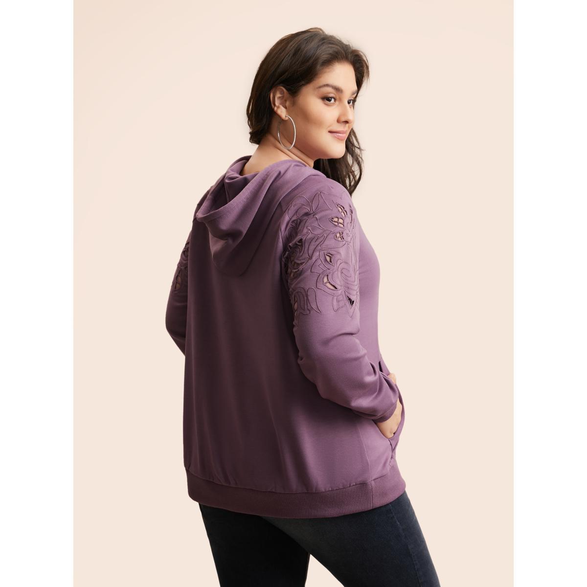 Plus Size Floral Embroidered Cut Out Hooded Sweatshirt Women Mauve Casual Cut-Out Hooded Everyday Sweatshirts BloomChic 22-24/3X Product Image
