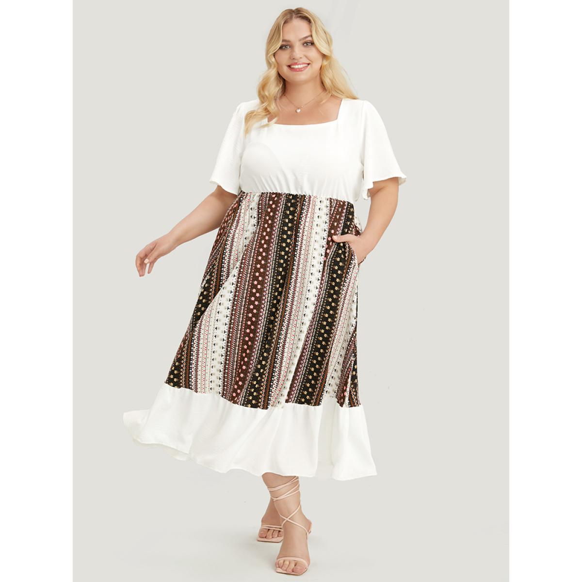 Plus Size Bandana Patchwork Square Neck Pocket Ruffles Hem Dress Ivory Women Vacation Patchwork Square Neck Short sleeve Curvy Midi Dress BloomChic 18-20/2X Product Image