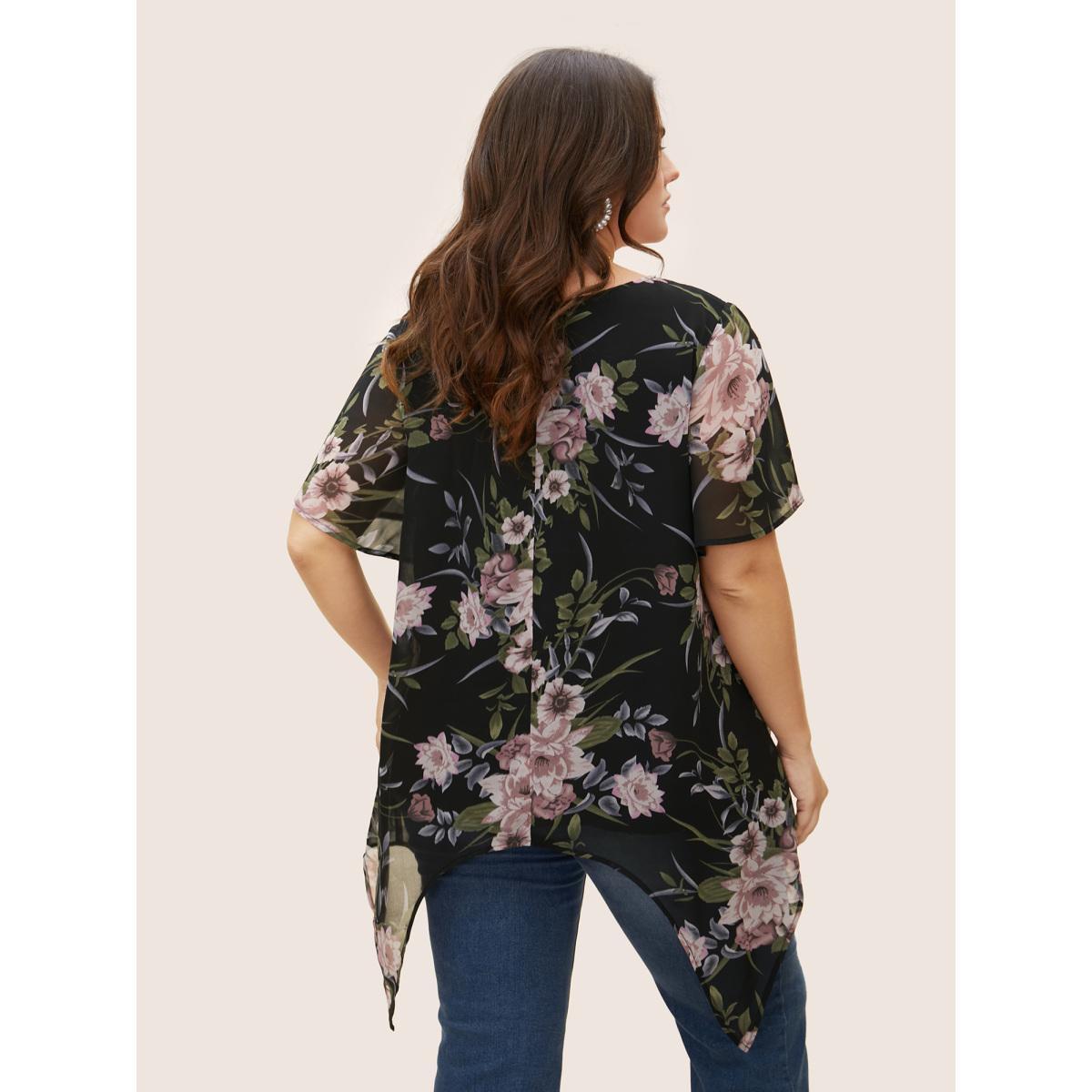 Plus Size Black Chiffon Floral Crisscross Hanky Hem Blouse Women Elegant Short sleeve V-neck Everyday Blouses BloomChic 12/L Product Image