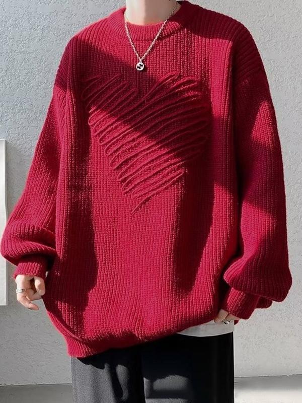 Men's Three-dimensional Heart Decor Crew Neck Sweater Product Image