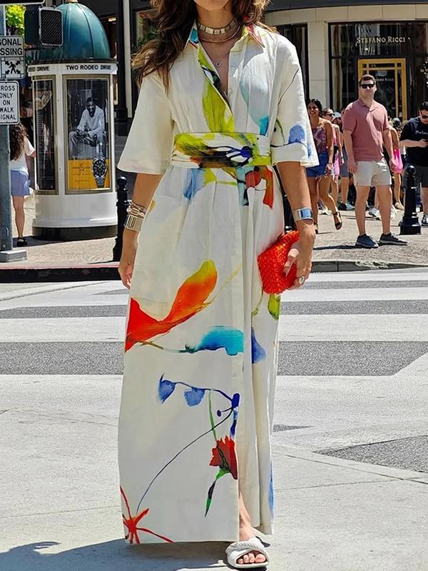 Half Sleeves Loose Asymmetric Printed Split-Joint Tied Waist Lapel Maxi Dresses Shirt Dress Product Image