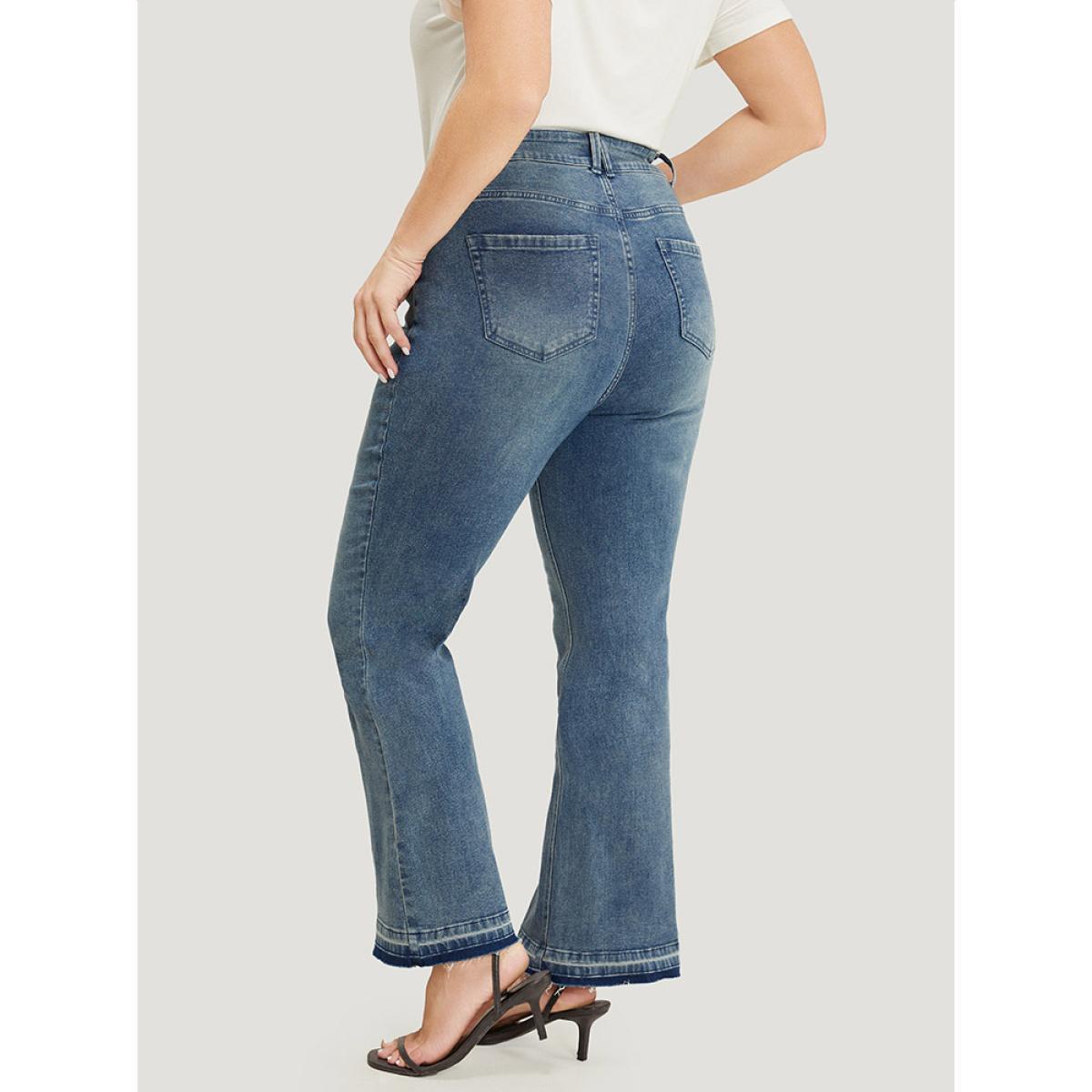 Plus Size Flare Leg Very Stretchy Medium Wash Contrast Hem Jeans Women LightBlue Casual Plain High stretch Pocket Jeans BloomChic 10/M Product Image