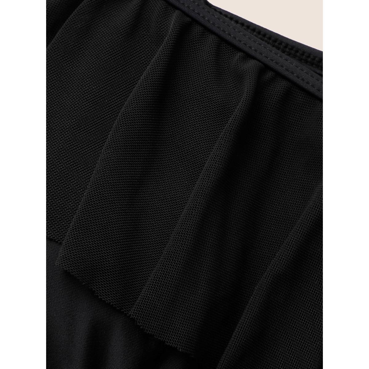 Plus Size Solid Ruffle Trim Patchwork Mesh Swim Dress Women's Swimwear Black Beach Bodycon Heart neckline High stretch Curve Swim Dresses BloomChic 14-16/1X Product Image