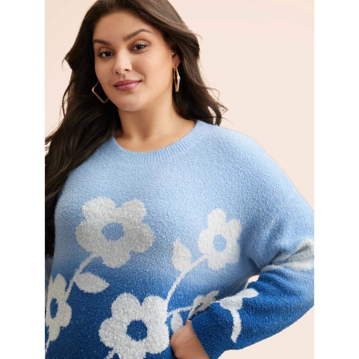 Plus Size Floral Jacquard Ombre Drop Shoulder Pullover Indigo Women Casual Long Sleeve Round Neck Everyday Pullovers BloomChic 10/M Product Image