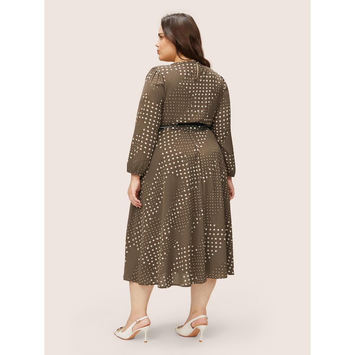 Plus Size Polka Dot Scarf Belted Keyhole Lantern Sleeve Dress DarkBrown Women At the Office Non Round Neck Long Sleeve Curvy Midi Dress BloomChic 10/M Product Image