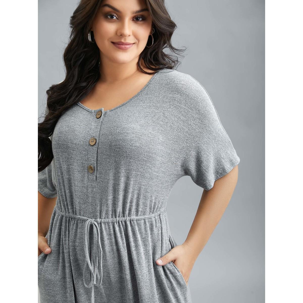 Plus Size LightGray Supersoft Button Drawstring Straight Jumpsuit Women Casual Half Sleeve Round Neck Everyday Loose Jumpsuits BloomChic 30/6X Product Image