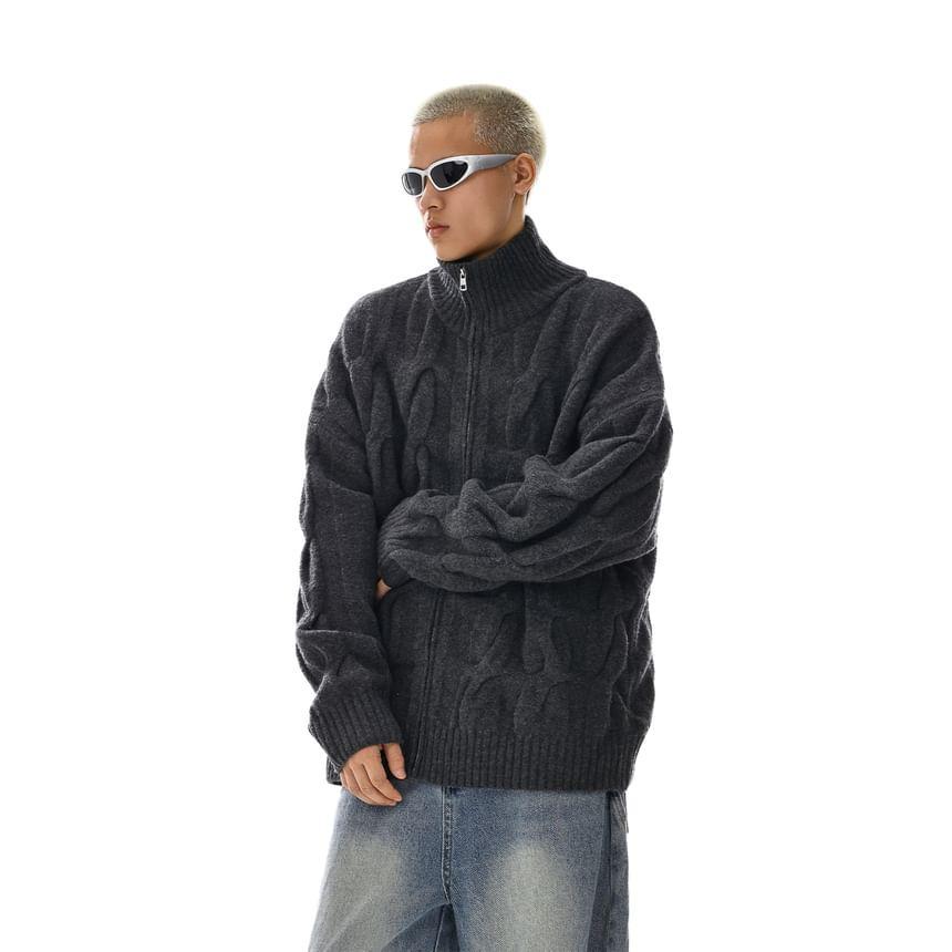 Stand Collar Plain Cable Knit Zip Cardigan Product Image