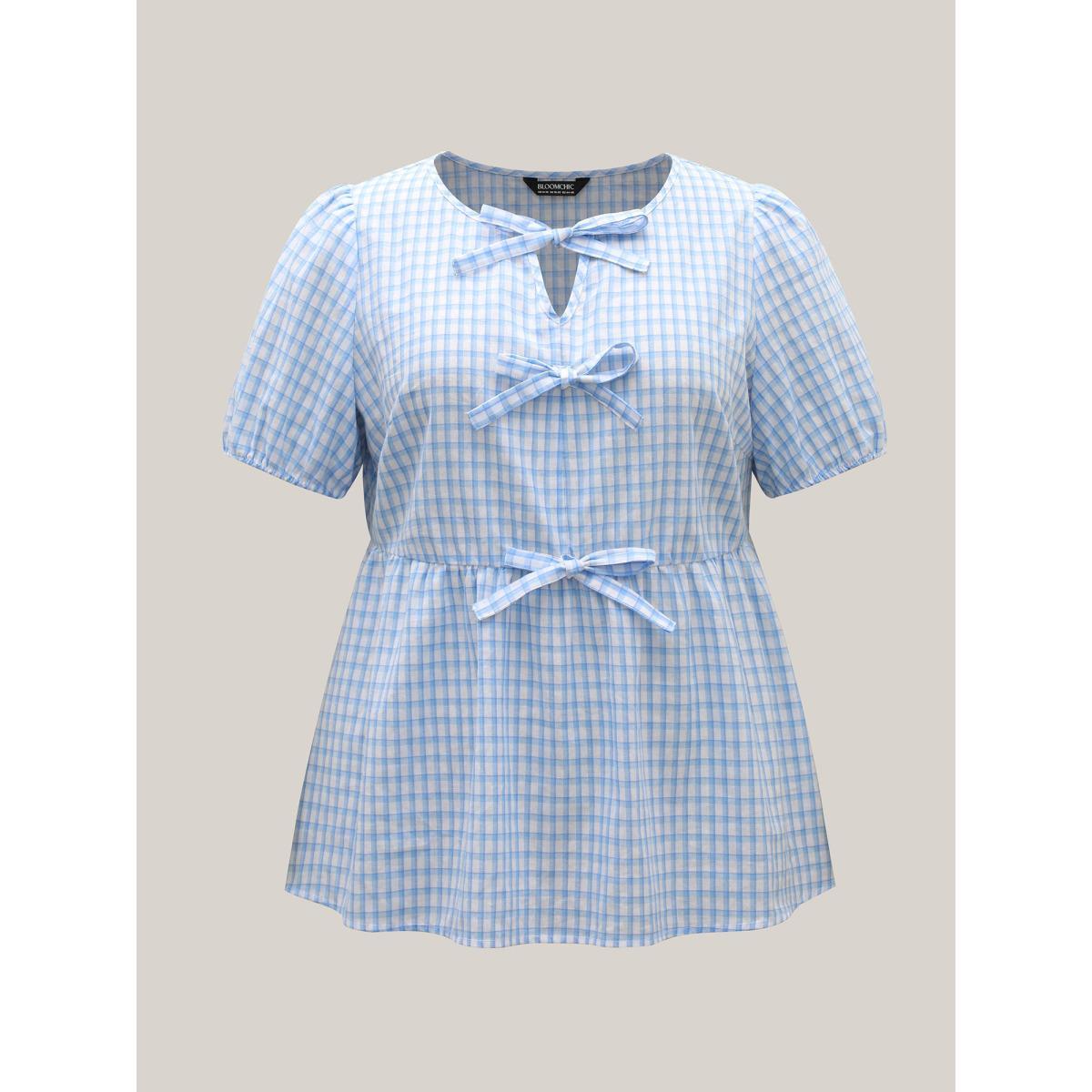 Plus Size LightBlue Bow Front Plaid Print Babydoll Top Women Short sleeve Notched collar Everyday-Casual Blouses BloomChic 28/5X Product Image