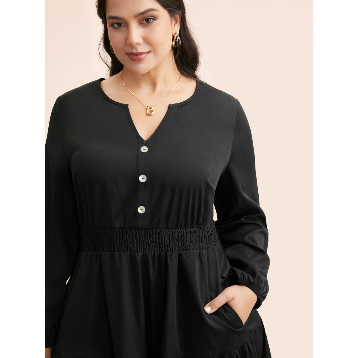 Plus Size Notched Button Detail Ruffle Layered Hem Dress Black Women At the Office Button Flat collar with V-notch Long Sleeve Curvy BloomChic 30/6X Product Image