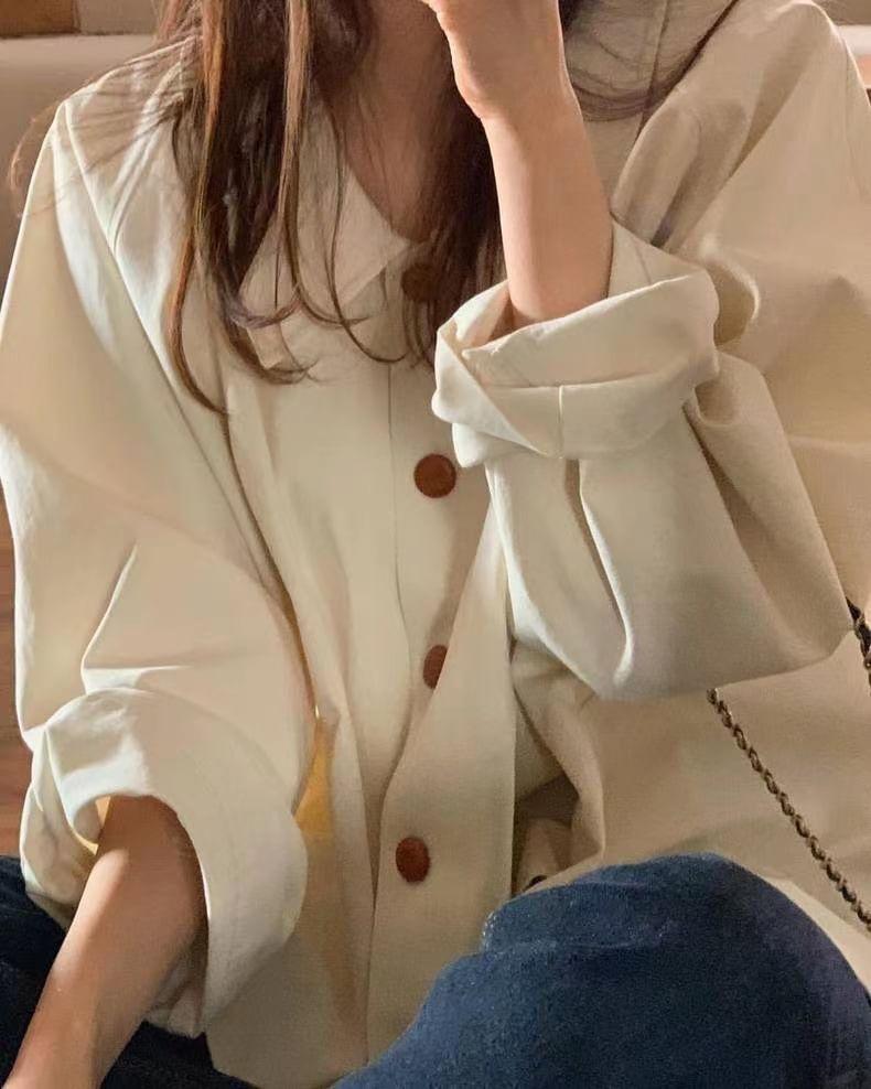 Long Sleeve Lapel Collared Plain Oversized Shirt Product Image