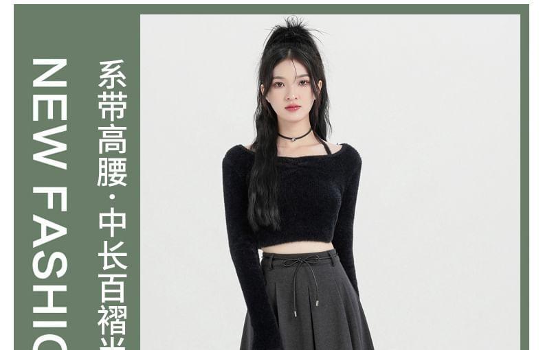 High-Waist Plain A-Line Midi Skirt Product Image