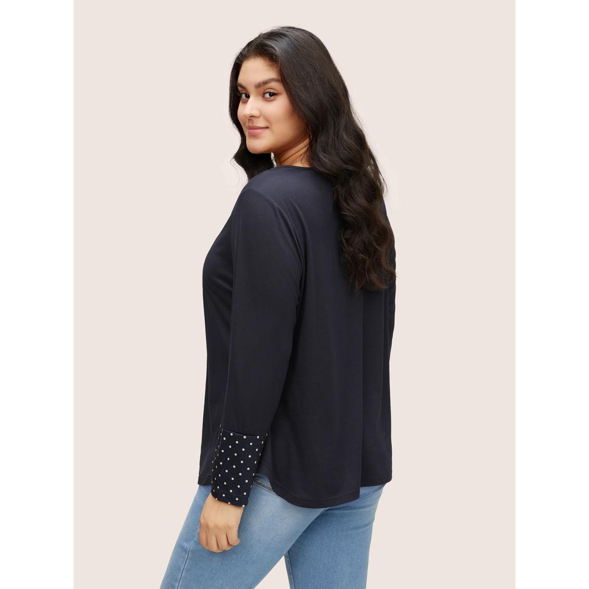 Plus Size Polka Dot Patchwork Notched Button Detail T-shirt Indigo Women Casual Contrast Polka Dot Notched collar Everyday T-shirts BloomChic 22-24/3X Product Image