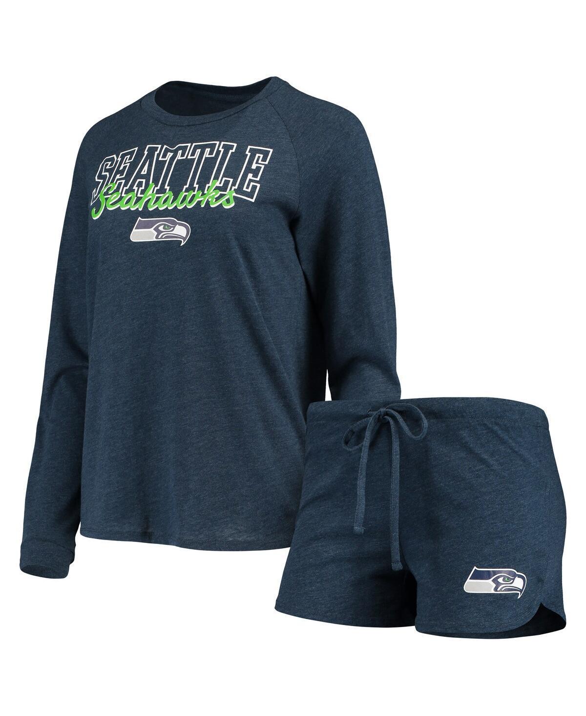 Women's Concepts Sport College Navy Seattle Seahawks Meter Knit Long Sleeve Raglan Top & Shorts Sleep Set, Size: Medium, Blue Product Image