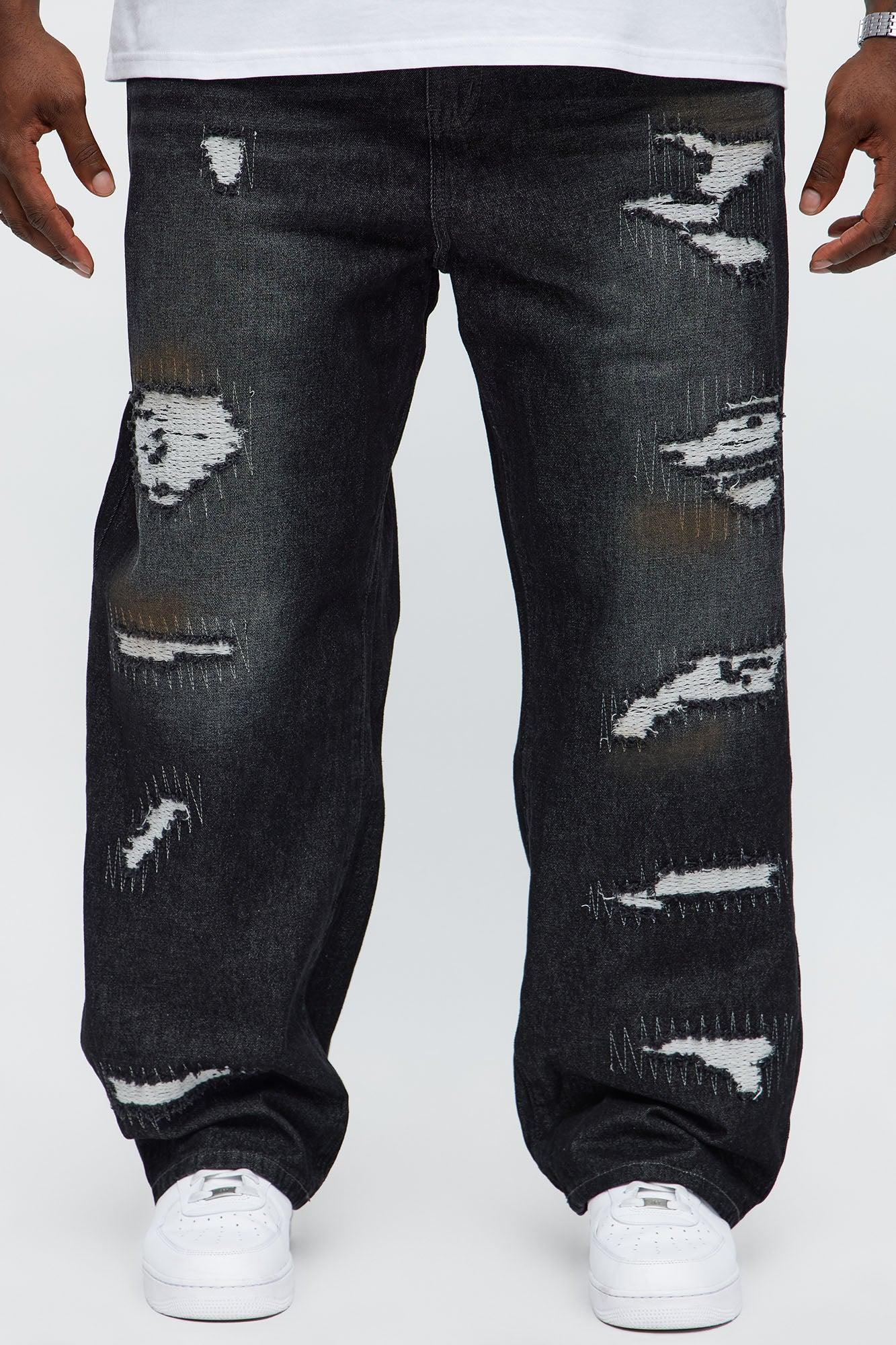 Baggy Vandal Stitch Distressed Jeans - Black Wash Male Product Image