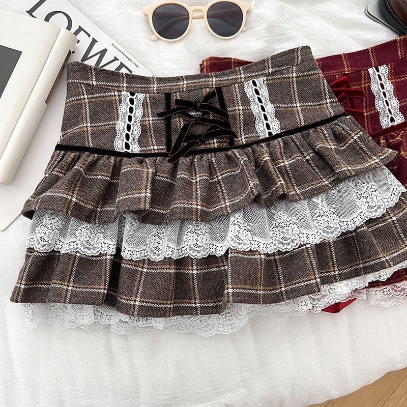 High Rise Plaid Mini Tiered Skirt Product Image