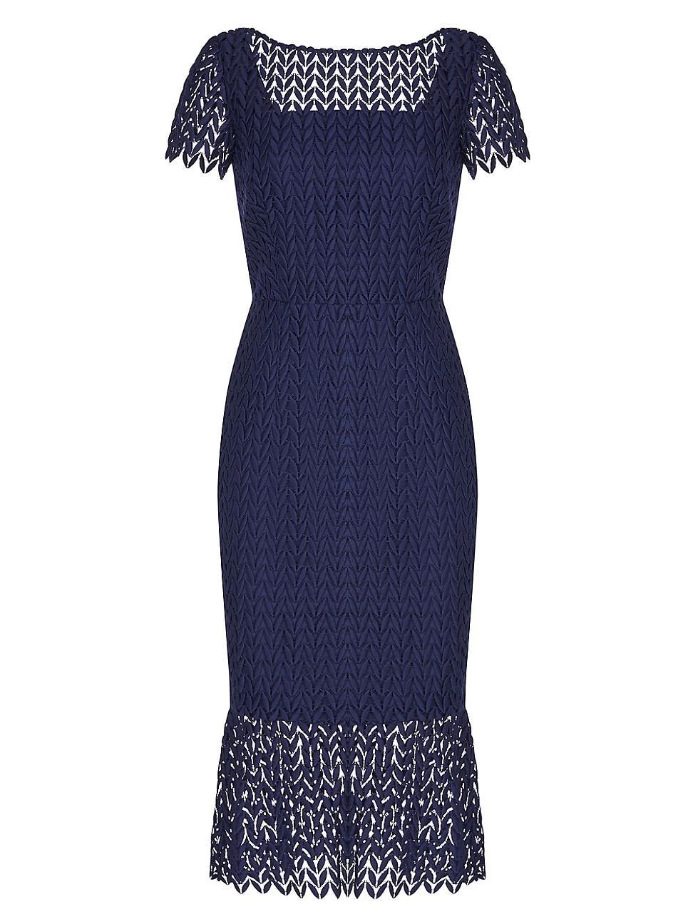 Kay Unger Flounce Hem Illusion Lace Short Sleeve Boat Neck Scalloped Midi Sheath Dress Product Image