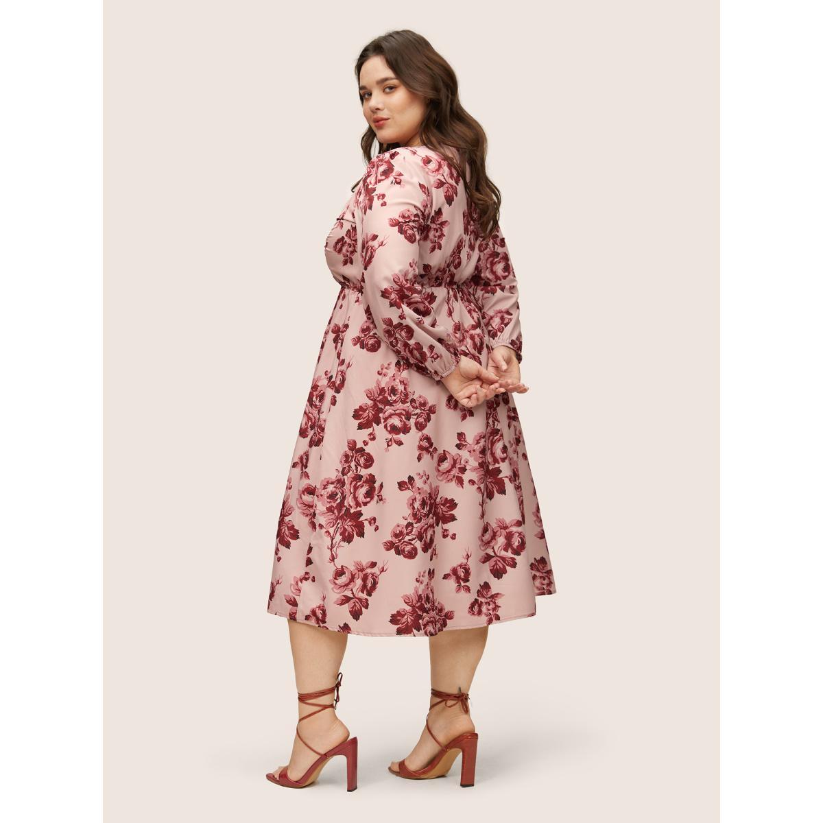 Plus Size Floral Ruched Square Neck Lantern Sleeve Dress DustyPink Women Elegant Non Square Neck Long Sleeve Curvy Midi Dress BloomChic 26/4X Product Image