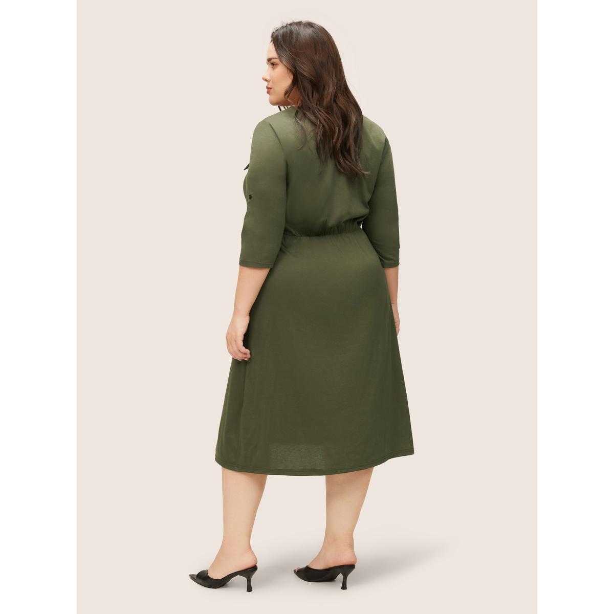 Plus Size Plain Half Zip Flap Detail Tab Sleeve Dress ArmyGreen Women At the Office Non Notched collar Elbow-length sleeve Curvy Midi Dress BloomChic 30/6X Product Image