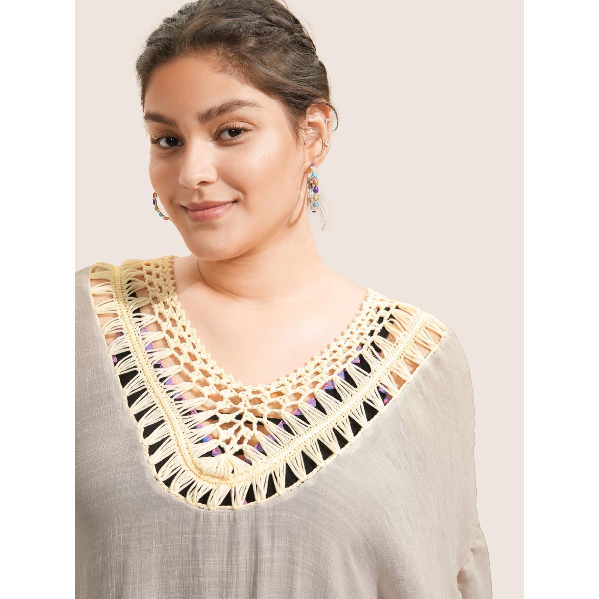 Plus Size Woven Neck Ruffles Hanky Hem Swim Cover Up Women's Swimwear MistyRose Beach Loose Crochet Curve Swim Cover Ups BloomChic 18-20/2X Product Image